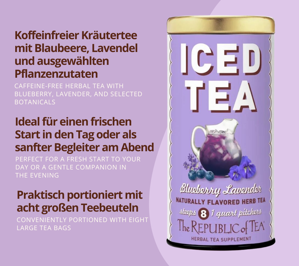 Blueberry Lavender Iced Tea 🧘♀️ Zen-Momente genießen 🫐 Lavendel & Blaubeer-Geschmack ☀️ Für sonnige Tage 🌿 Natürliche Inhaltsstoffe ✨ Jetzt probieren!
