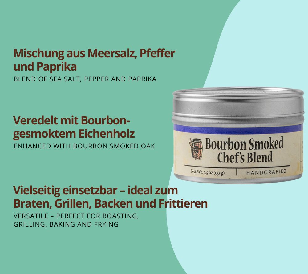 Bourbon Smoked Chef’s Blend von Bourbon Barrel Foods – rauchige Gewürzmischung mit Meersalz, Pfeffer & Paprika. Jetzt online kaufen bei Madevegan!