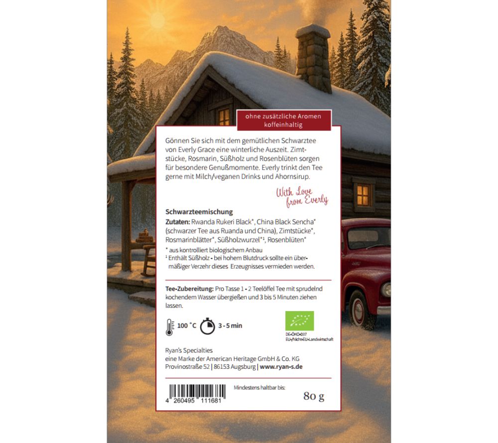 Cozy Winter Moments Tea von Everly Grace – Bio-Schwarztee mit Zimt, Rosmarin & Rosenblüten. Jetzt online kaufen bei Madevegan für winterliche Genussmomente.