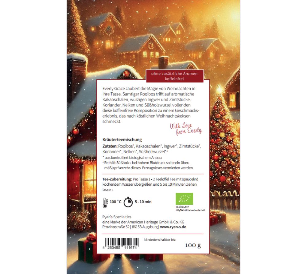 Everly Grace Christmas Cookies Tea – Bio-Rooibos mit Zimt, Ingwer & Kakaoschalen. Jetzt online kaufen bei Madevegan für festliche Wintergenüsse.