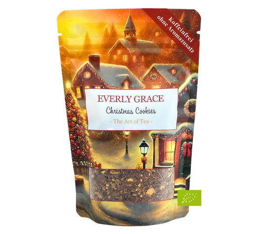 Everly Grace Christmas Cookies Tea – Bio-Rooibos mit Zimt, Ingwer & Kakaoschalen. Jetzt online kaufen bei Madevegan für festliche Wintergenüsse.