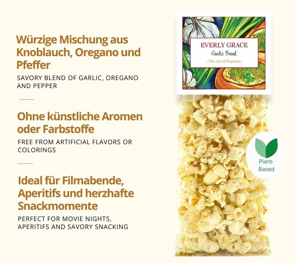 Gourmet-Popcorn von Everly Grace mit einer würzigen Mischung aus Knoblauch, Oregano und Pfeffer