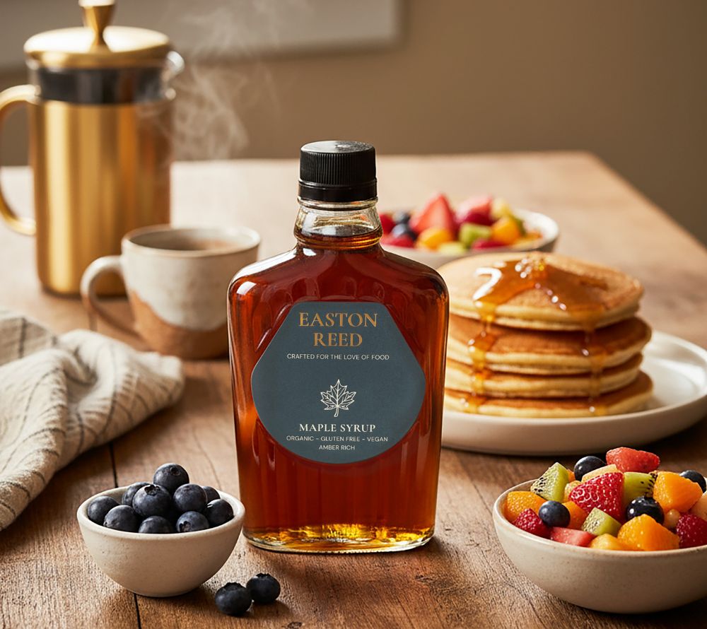 Easton Reed Maple Syrup Grade A Amber Rich – 100 % reiner Ahornsirup aus Québec. Vegan, glutenfrei, nachhaltig & ohne Zusätze. Perfekt für süße & herzhafte Gerichte.