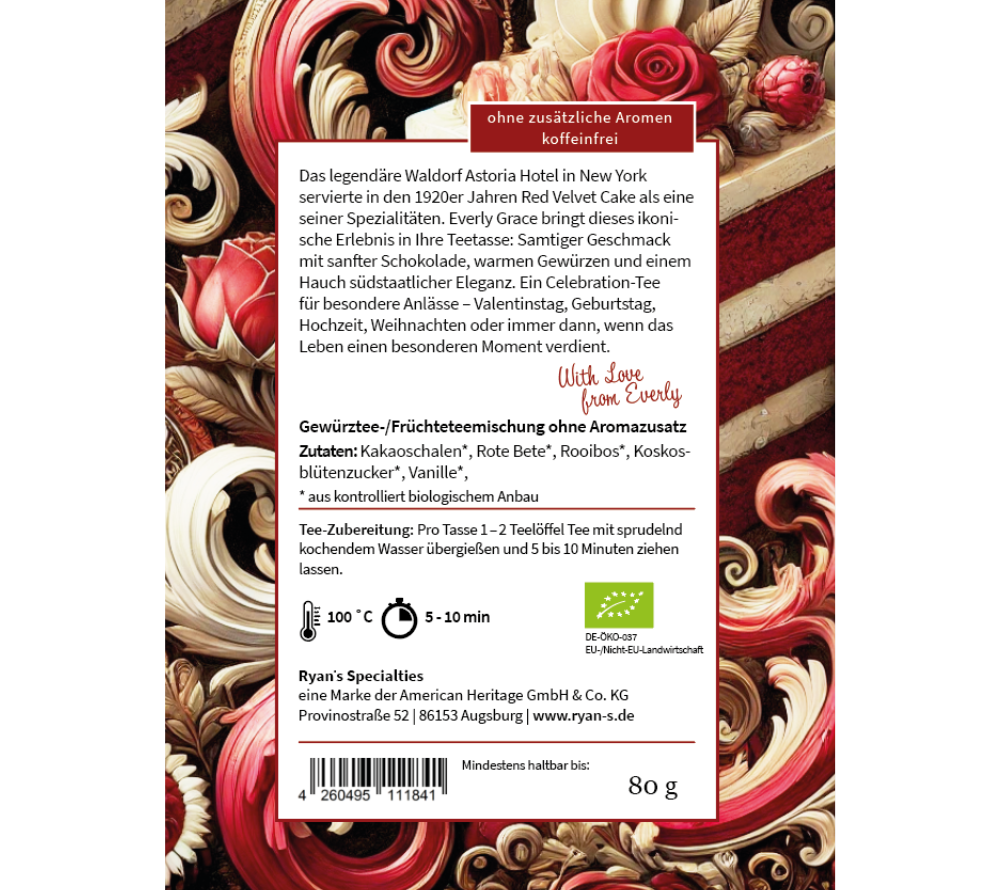 Everly Grace Red Velvet Tea – Bio-Tee mit Kakaonoten & warmen Gewürzen. Jetzt online kaufen bei MadeVegan für besondere Genussmomente voller Stil.