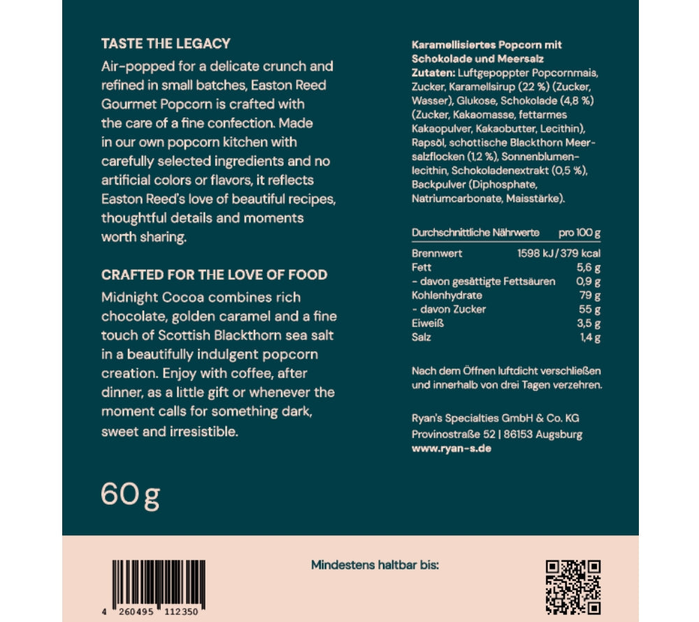 Midnight Cocoa Gourmet Popcorn von Easton Reed kaufen – Popcorn mit dunkler Schokolade, Karamell & Meersalz. Jetzt bei Madevegan entdecken