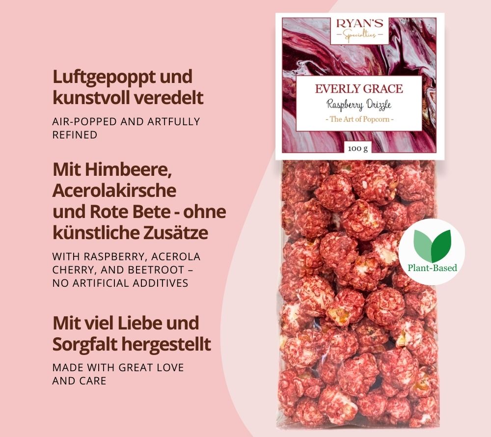 Feines Gourmet-Popcorn Raspberry Drizzle von Everly Grace ☆ Fruchtiger Himbeer-Überzug ☆ hohe Qualität ☆ 100 % vegan ☆ Jetzt probieren!