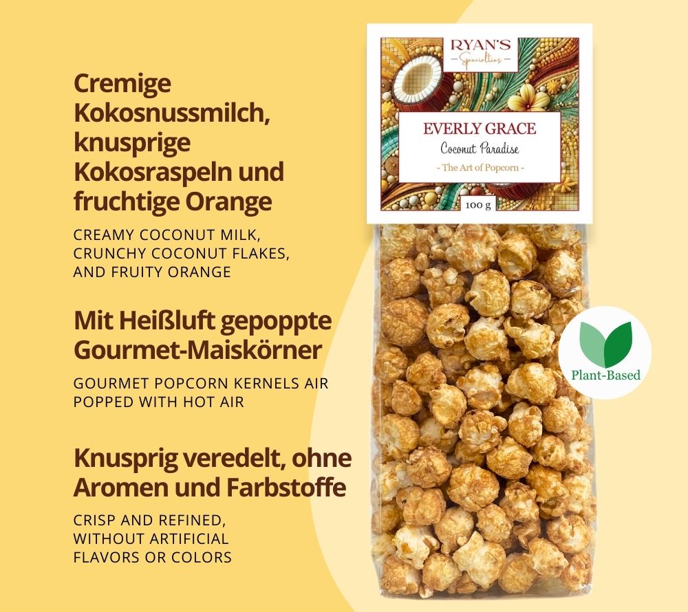 Feines Gourmet-Popcorn Coconut Paradise von Everly Grace ☆ tropischer Kokos-Überzug ☆ hohe Qualität ☆ 100 % vegan ☆ Jetzt probieren!