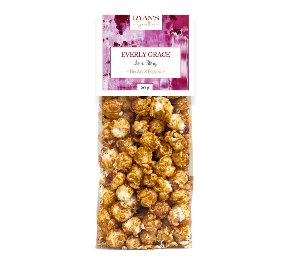 Feines Gourmet-Popcorn Love Story von Everly Grace ☆ Unwiderstehliches Popcorn mit Rosenblättern und Mandel-Karamellüberzug ☆ hohe Qualität ☆ 100 % vegan ☆ Jetzt probieren!