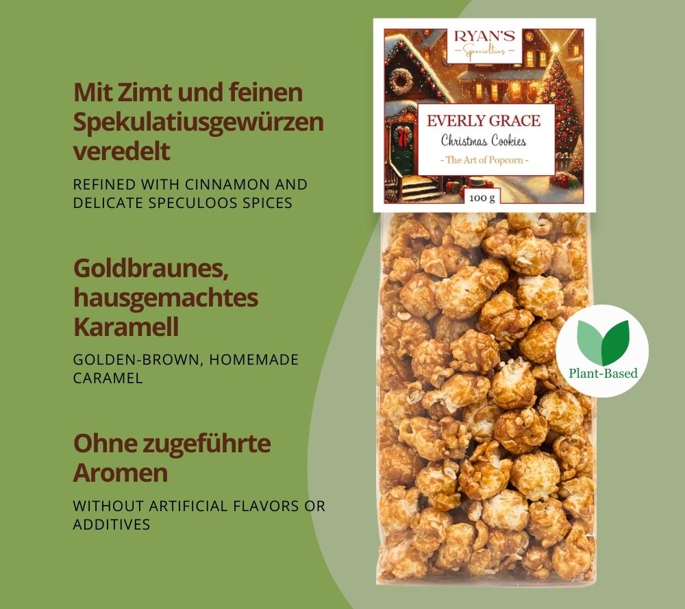 Everly Grace Christmas Cookies Popcorn kaufen | Süßes Karamell & würzige Spekulatius-Aromen | Perfekt für festliche Anlässe oder als Jahreszeit-Snack | 100 % natürlich & vegan | EU-weiter Versand