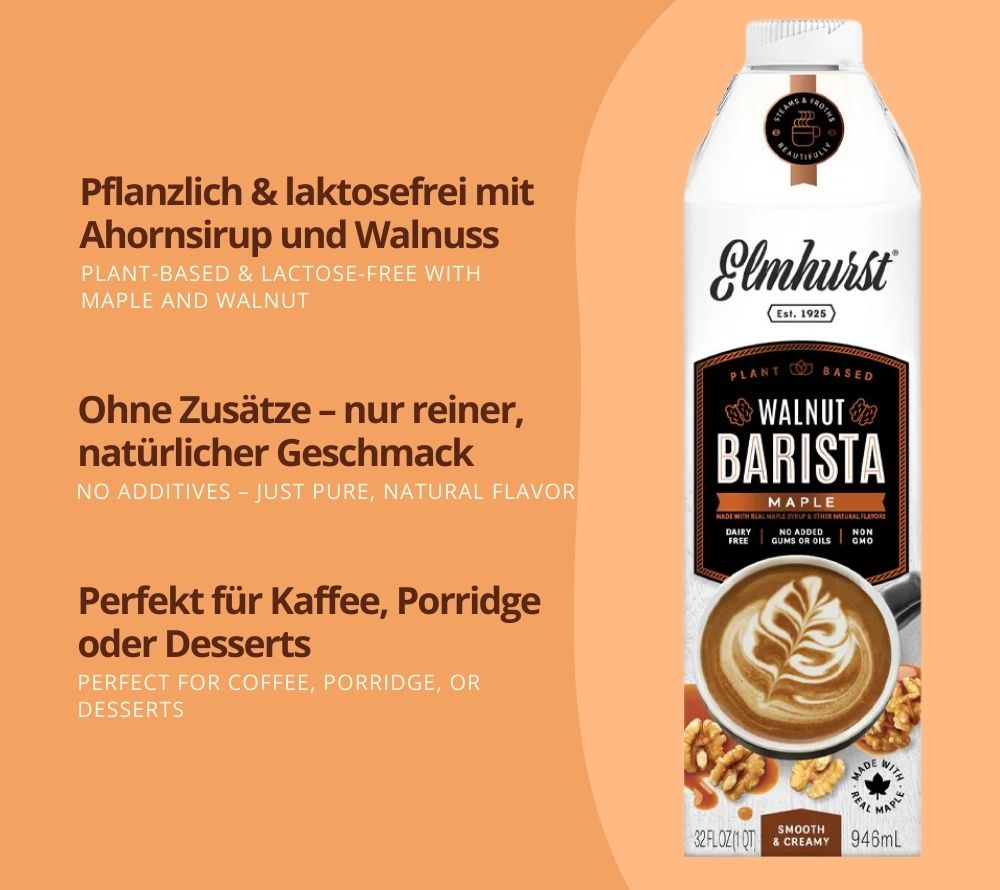 Maple Walnut Barista Edition von Elmhurst | Entdecke die Perfektion pflanzlicher Milch aus Walnüssen mit natürlicher Ahornsirup-Note | nachhaltig & lecker! ☕