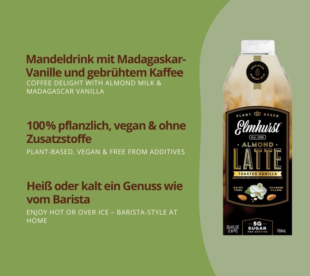 Toasted Vanilla Almond Latte von Elmhurst | Cold Brew trifft Mandelmilch & Vanille | 100% pflanzlich, natürlich | unwiderstehlich! | Jetzt entdecken!