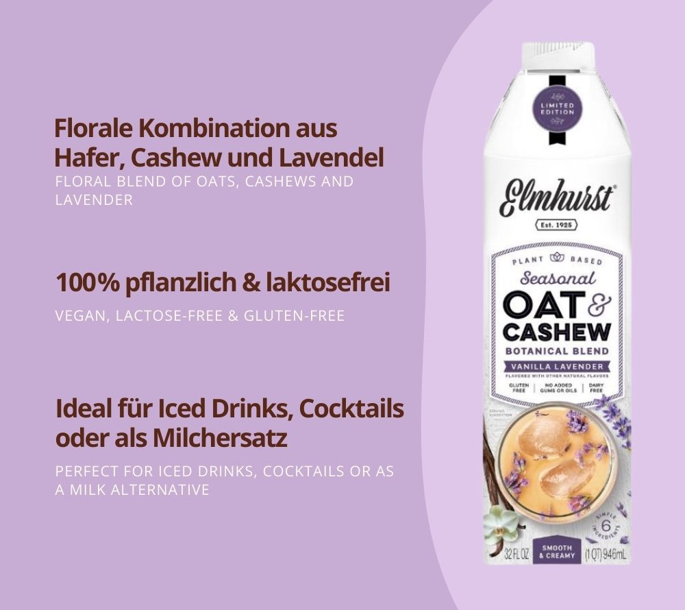 Vanilla Lavendar Oat Cashew Milk von Elmhurst kaufen | Deine florale Oat-Milk-Revolution |  Frühling im Glas | Perfekt für Deinen Iced Latte | EU-weiter Versand