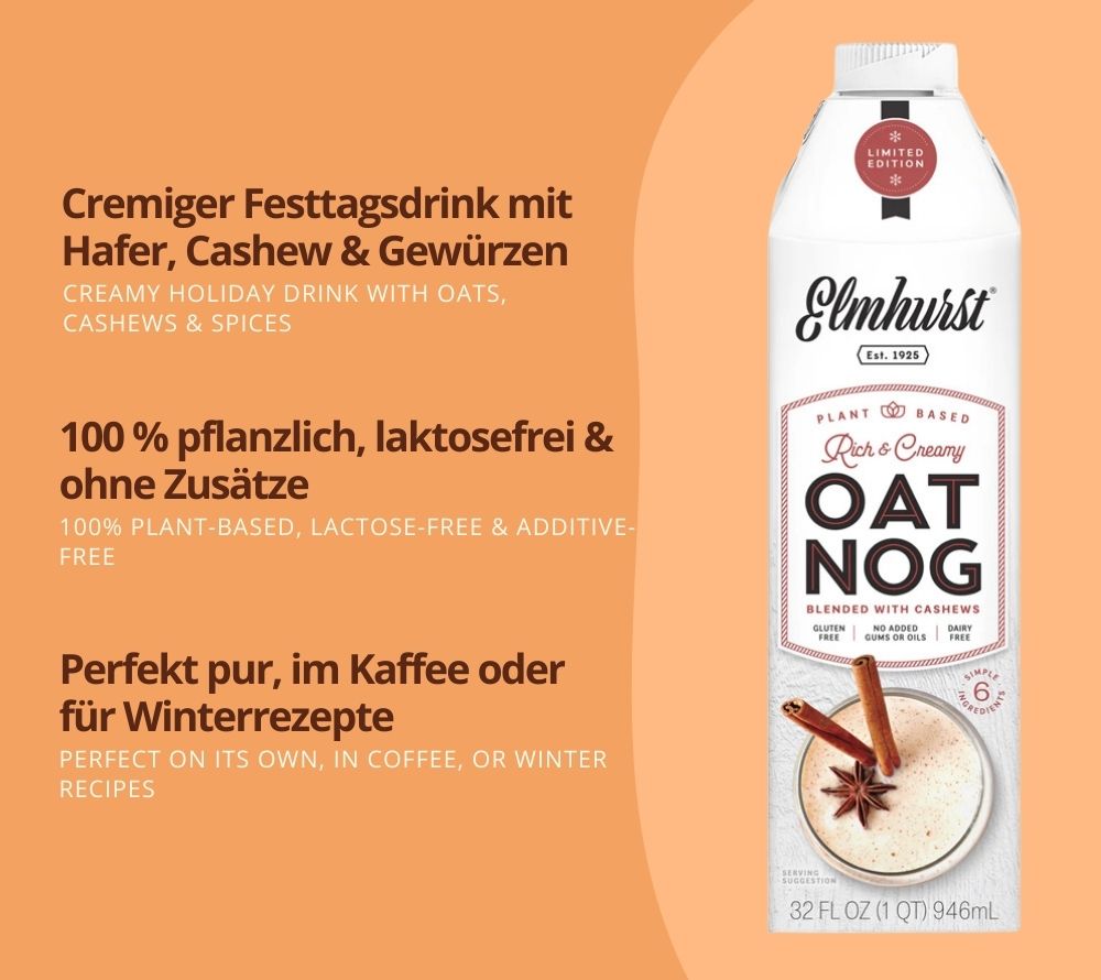 OatNog von Elmhurst | Cremiger Wintergenuss aus Hafer und Cashews verzaubert Deine Festtage | 100% pflanzlich, natürlich | Entdecke die vegane Alternative!