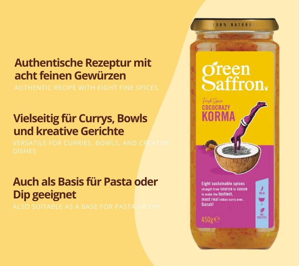 Korma Sauce von Green Saffron entdecken | 100 % vegan, ohne künstliche Zusatzstoffe & glutenfrei | mit acht Gewürzen verfeinert | EU-weiter Versand | Jetzt bestellen!
