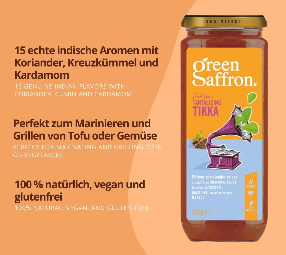 Tikka Sauce von Green Saffron kaufen | 100 % natürlich, vegan & glutenfrei | echte indische Aromen | vielseitig & einfach | EU-weiter Versand | jetzt bestellen!