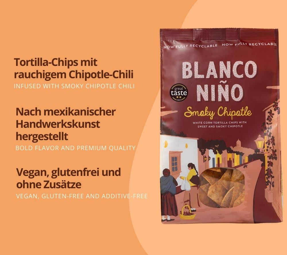 Smoky Chipotle Tortilla Chips von Blanco Niño entdecken | 100 % vegan & glutenfrei | nach aztekischer Methode hergestellt | EU-weiter Versand