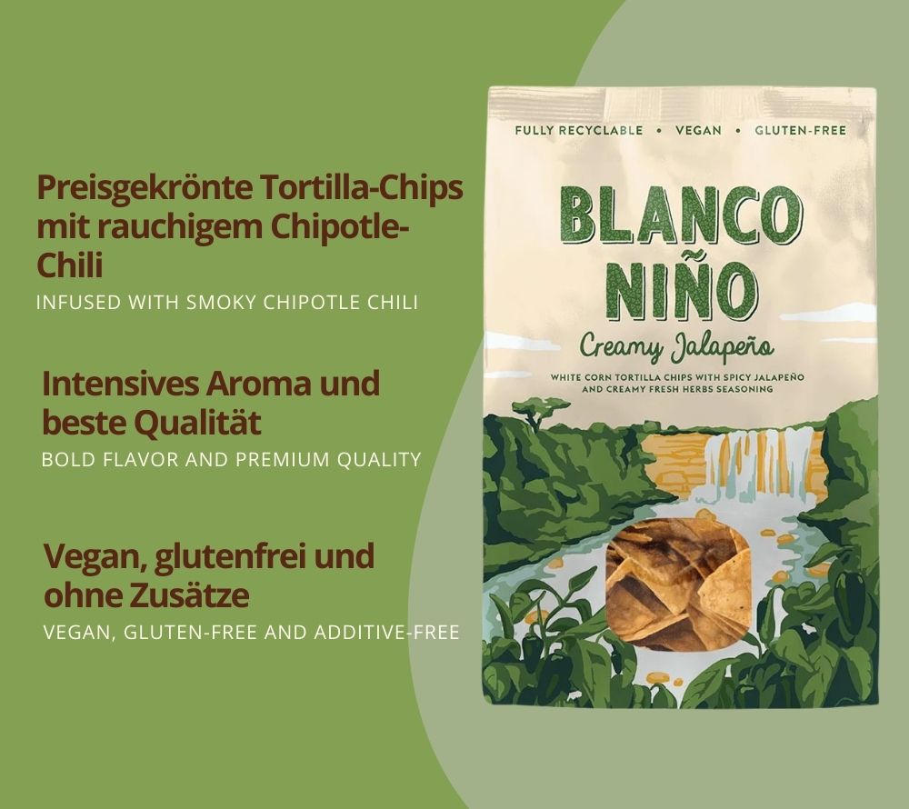 Tortilla Chips Creamy Jalapeño Chips von Blanco Niño entdecken | 100 % vegan & glutenfrei | nach aztekischer Methode hergestellt | EU-weiter Versand