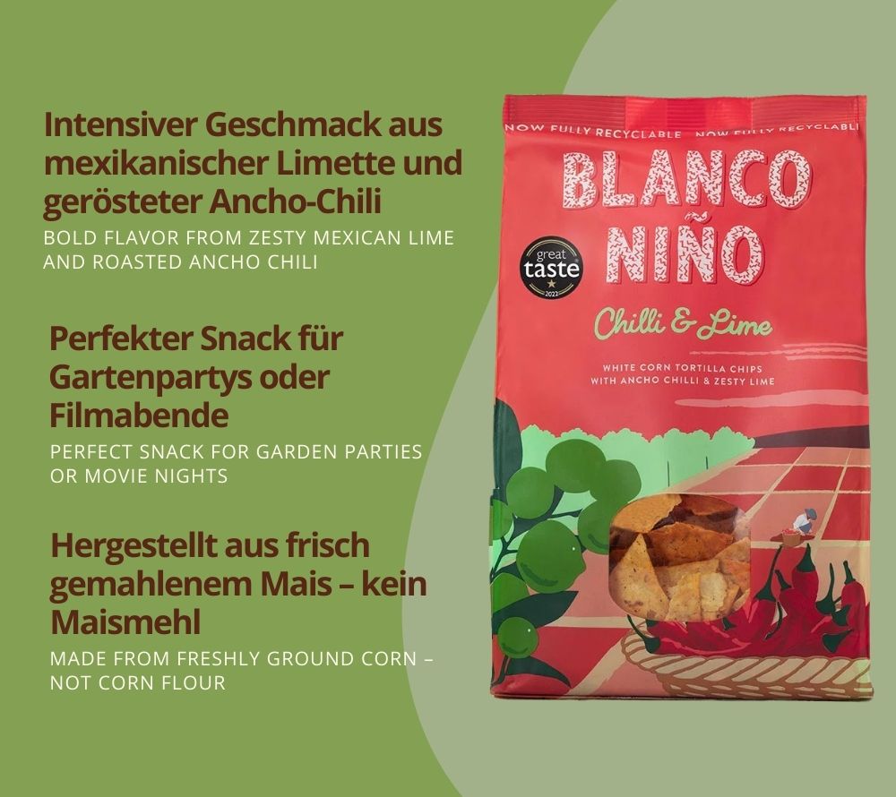 Chilli & Lime Tortilla Chips von Blanco Niño entdecken | 100 % vegan & glutenfrei | nach aztekischer Methode hergestellt | EU-weiter Versand