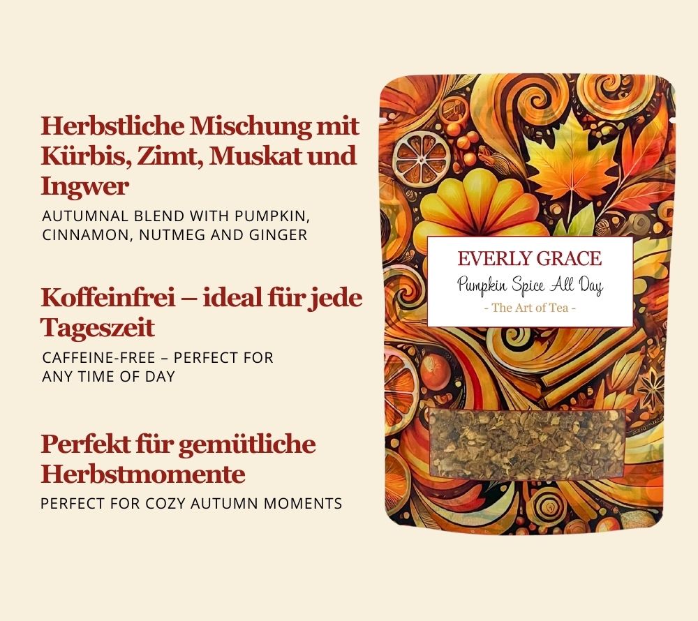 🍂 Koffeinfreier Pumpkin Spice Tee mit Kürbis, Zimt, Muskat & Ingwer – wohlig-warm und vegan 🍂 Ideal für herbstliche Abende & Genussmomente 🍂 Jetzt bestellen!