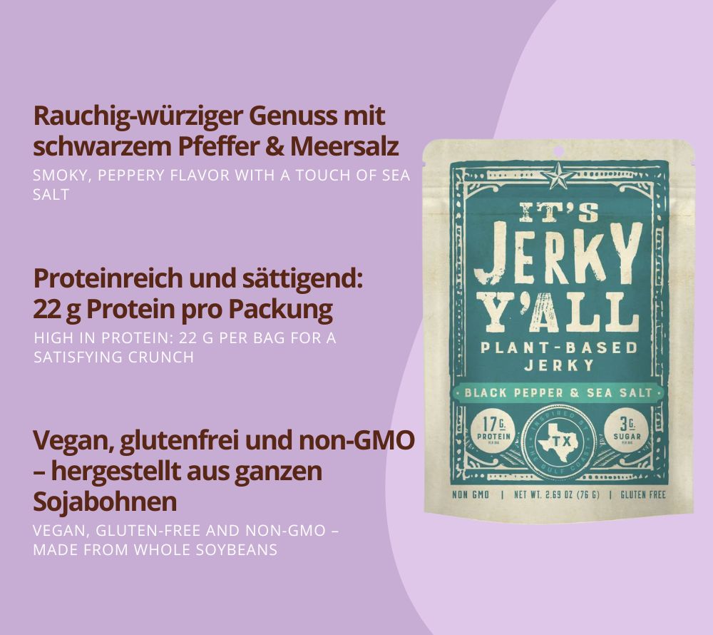 Würziges Jerky mit Pfeffer & Meersalz, 100 % pflanzlich. Black Pepper & Sea Salt Jerky bei Madevegan online bestellen & kräftigen Snack genießen.
