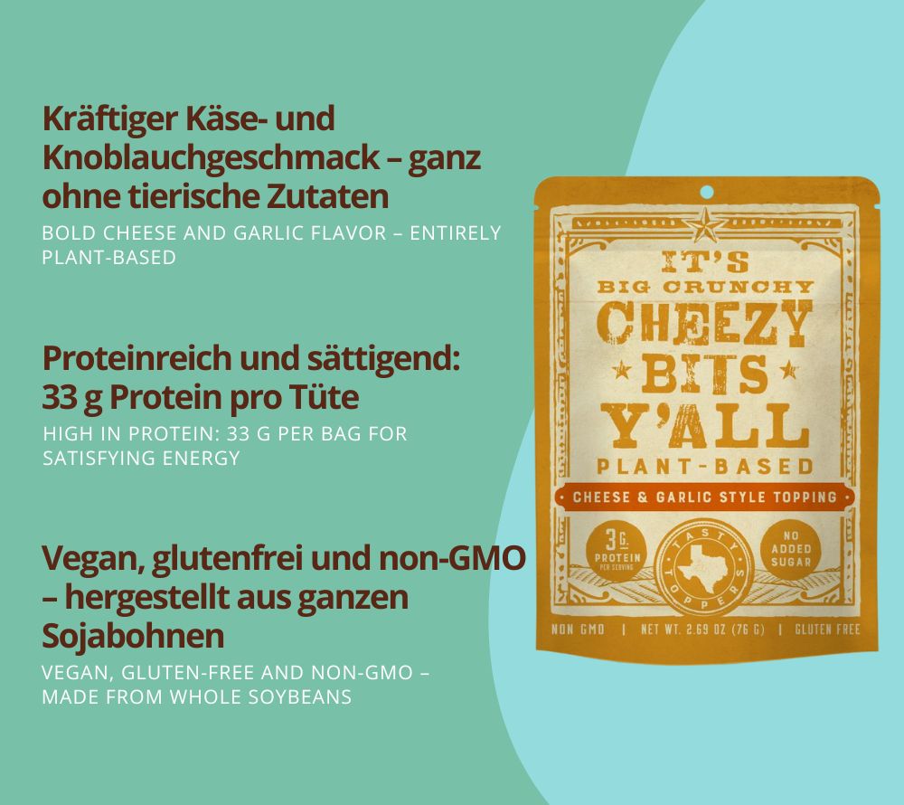 All Y’Alls Foods Cheezy Bits – vegane Protein-Snacks mit Käse & Knoblauch. Jetzt bei Madevegan online kaufen & würzigen Crunch genießen!