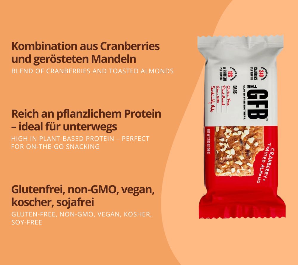 Cranberry Toasted Almond Bar – veganer Proteinriegel mit Cranberries & Mandeln. Glutenfrei, non-GMO & köstlich ausgewogen. Jetzt online bestellen bei Madevegan.