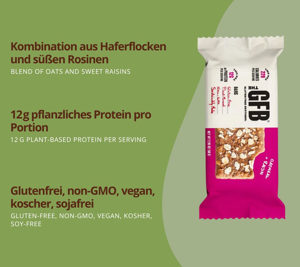 Oatmeal Raisin Bar von The Gluten Free Brothers – vegan, glutenfrei & proteinreich. Hafer, Rosinen & purer Genuss. Jetzt kaufen bei Madevegan.