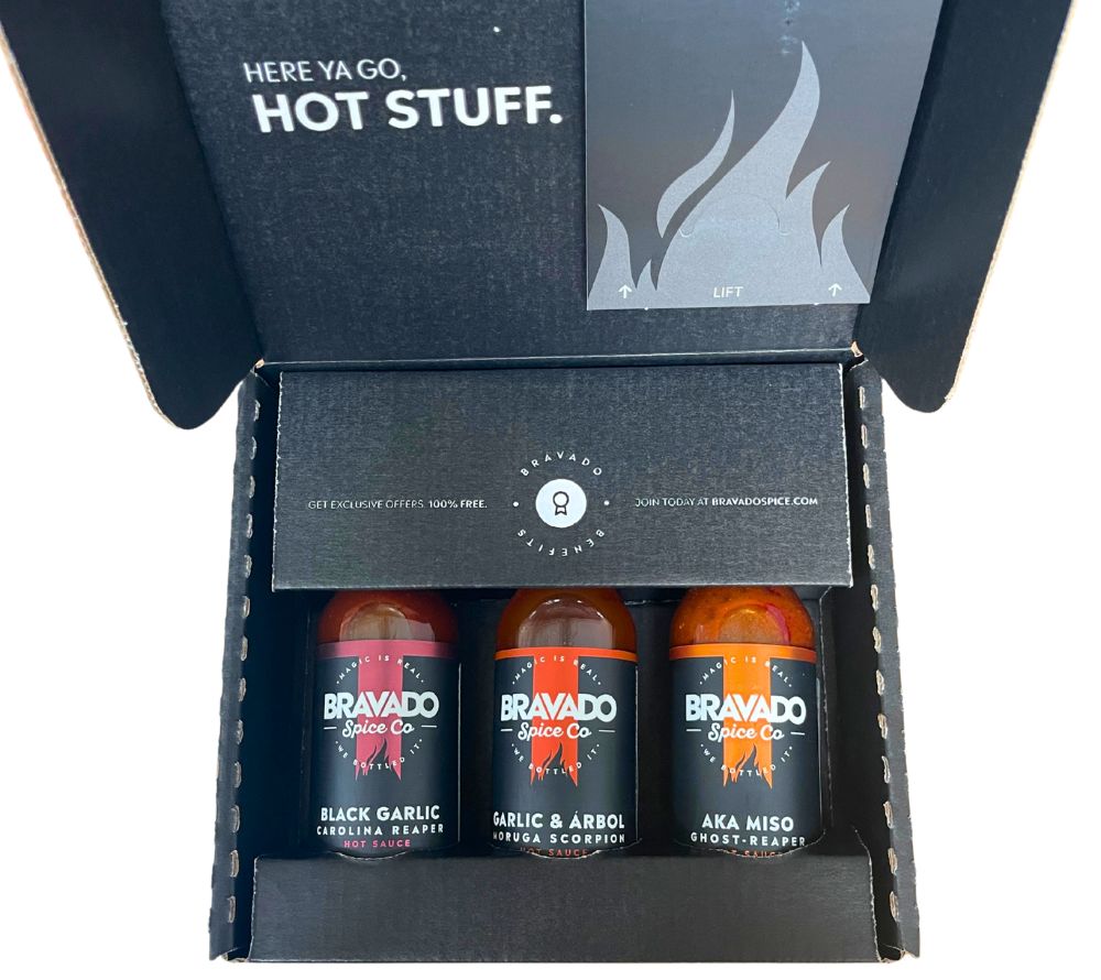 Feurige Hot Sauces von Bravado Spice Co ✓ importiert aus den USA ✓ mit Moruga Scorpion, Árbol, Ghost Pepper und Carolina Reaper Chilis ✓ Zum Probieren und Verschenken