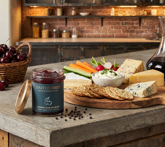 Cherry Fine Pairing von Easton Reed kaufen – Kirsch-Chutney mit schwarzem Pfeffer & Rotwein. Vegan, fruchtig-würzig & perfekt für Käseplatten, Burger und BBQ.