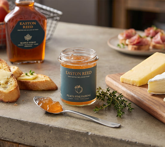 Peach Fine Pairing von Easton Reed kaufen – Pfirsich-Chutney mit Thymian & Ahornsirup. Vegan, fruchtig-süß & perfekt für BBQ, Pancakes und Käseplatten.