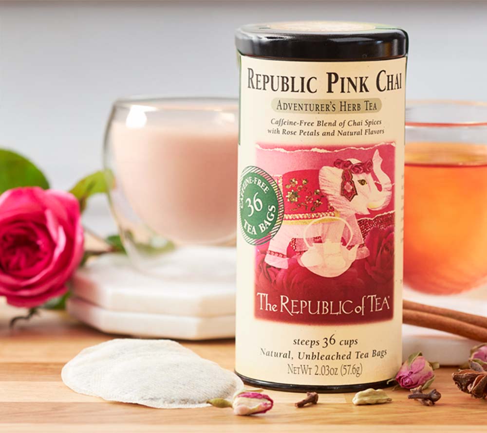 Pink Chai Herbal Tea von The Republic of Tea kaufen | koffeinfreie-farbenfrohe Auszeit für Dich | Chai-Gewürze mit süßer Frische