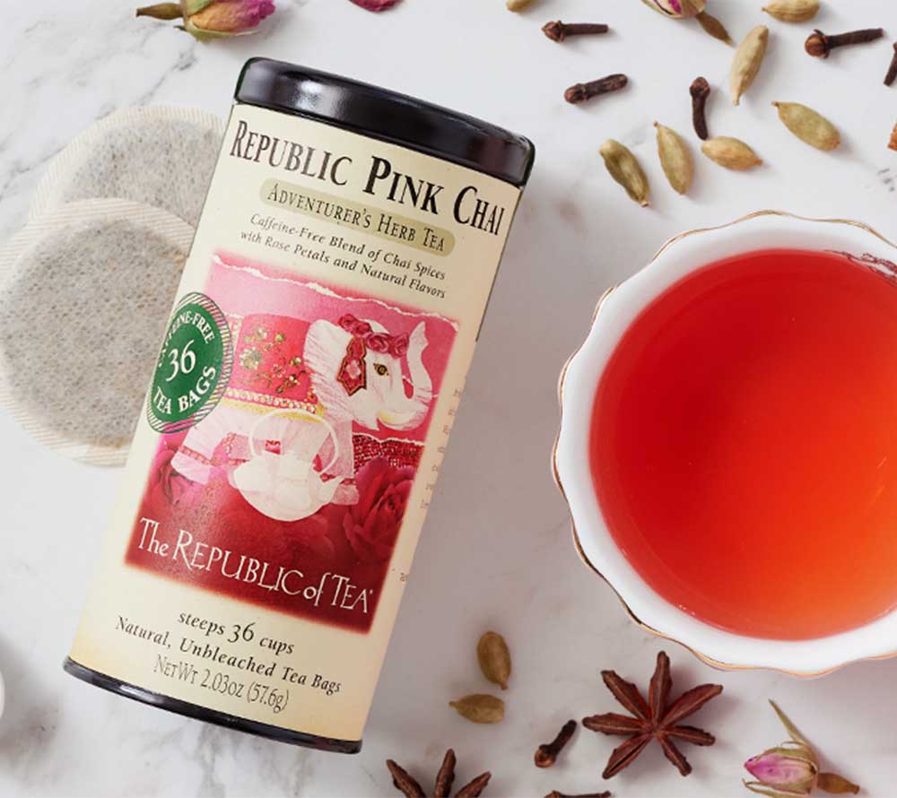 Pink Chai Herbal Tea von The Republic of Tea kaufen | koffeinfreie-farbenfrohe Auszeit für Dich | Chai-Gewürze mit süßer Frische