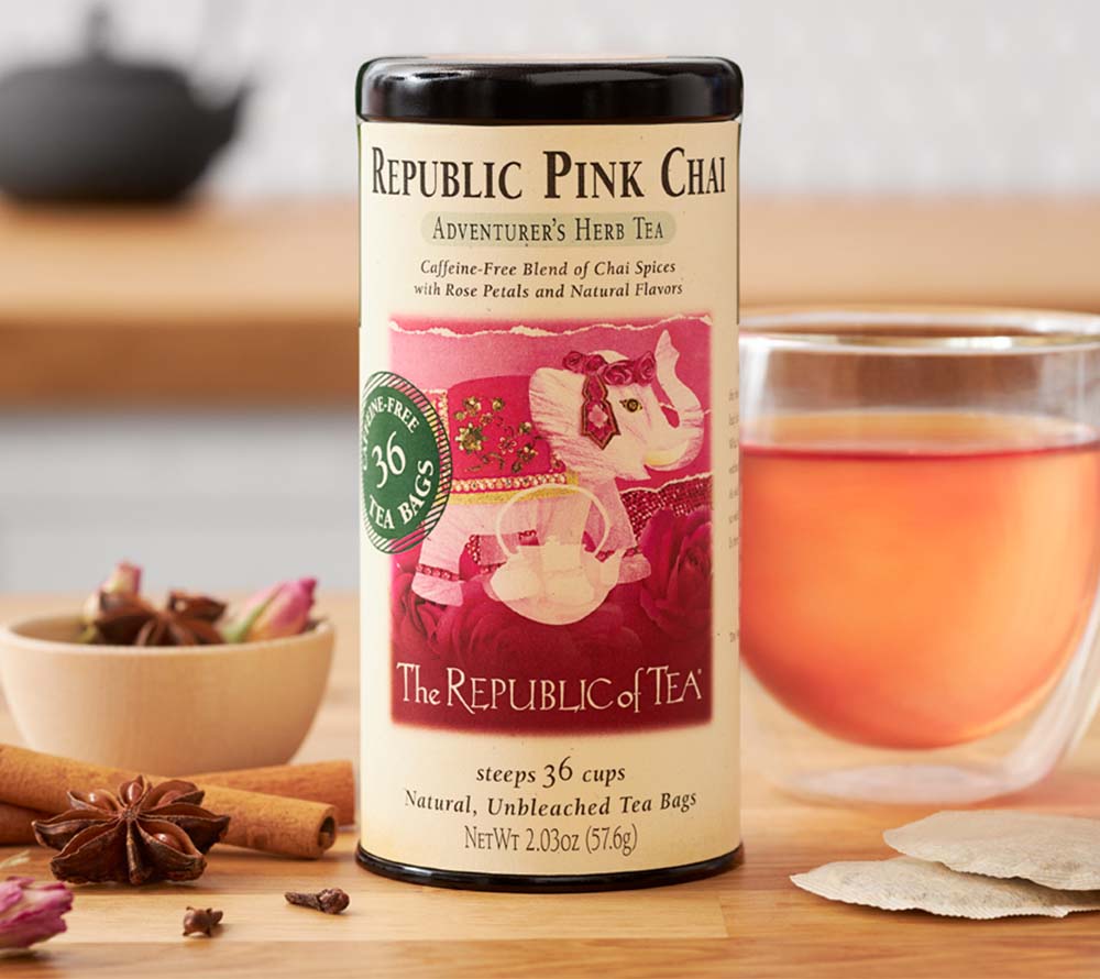 Pink Chai Herbal Tea von The Republic of Tea kaufen | koffeinfreie-farbenfrohe Auszeit für Dich | Chai-Gewürze mit süßer Frische