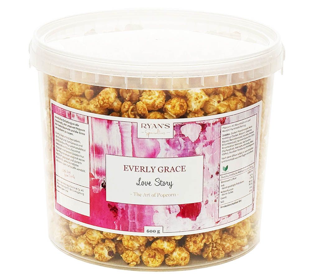 Feines Gourmet-Popcorn Love Story von Everly Grace ☆ Unwiderstehliches Popcorn mit Rosenblättern und Mandel-Karamellüberzug ☆ hohe Qualität ☆ 100 % vegan ☆ Jetzt probieren!