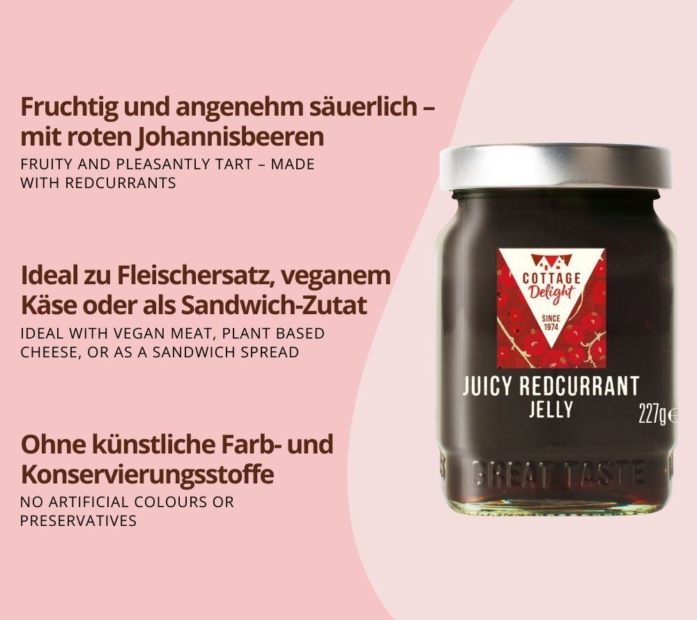 Fruchtig-säuerliches rotes Johannisbeer-Gelee (227 g) 🍇 Nach englischer Rezeptur gekocht.🍇 Ohne künstliche Farb- und Konservierungsstoffe.🍇 Jetzt bestellen!