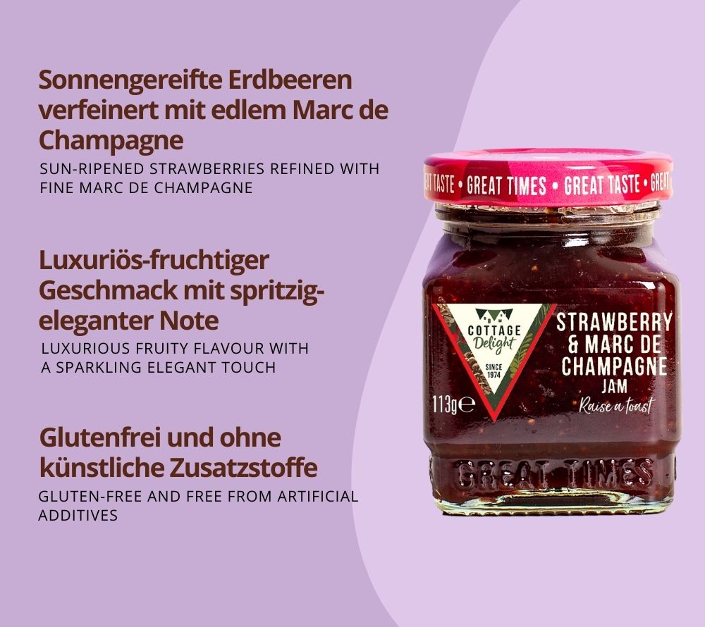 Erdbeeren mit der spritzigen Eleganz von Marc de Champagne 🍓 Vegan & glutenfrei 🍓 Ohne künstliche Farb- und Zusatzstoffe 🍓 Jetzt entdecken!