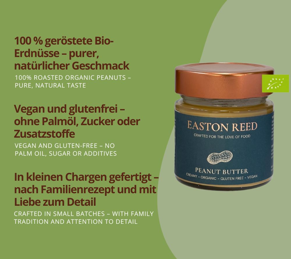 100 % geröstete Bio-Erdnüsse, cremig & vegan – pur auf Brot, im Porridge oder Smoothie. Easton Reed Creamy Peanut Butter jetzt bei Madevegan kaufen!
