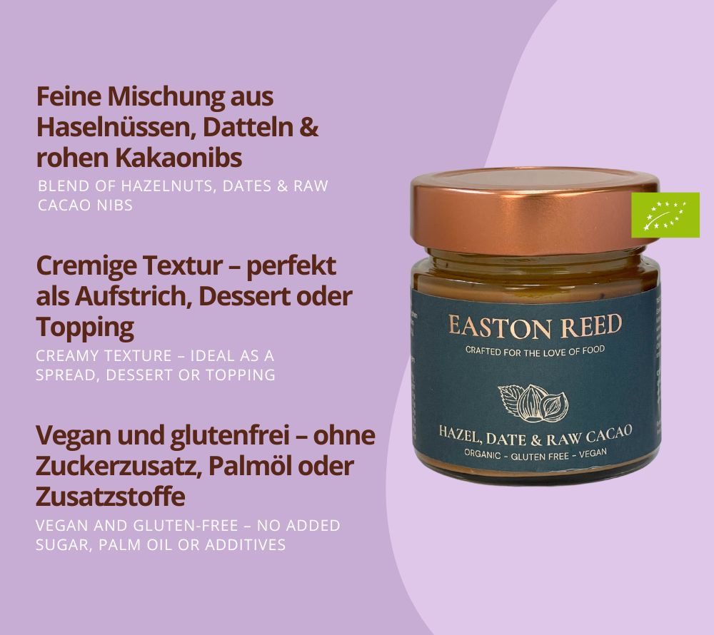 Bio-Haselnüsse, Datteln & rohe Kakaonibs vereint zu cremigem, veganem Genuss. Hazel, Date & Raw Cacao bei Madevegan online bestellen!