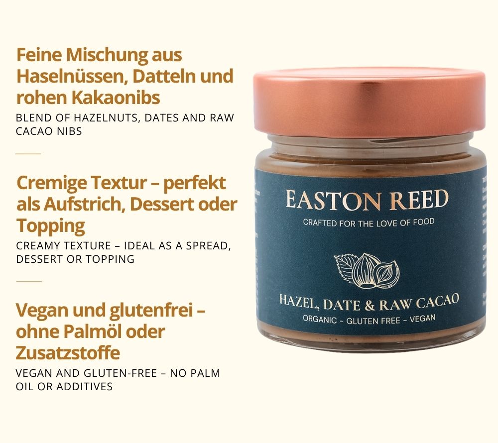 Hazel, Date & Raw Cacao Aufstrich mit Bio-Haselnüsse, Datteln & rohe Kakaonibs vereint zu cremigem, veganem Genuss. 