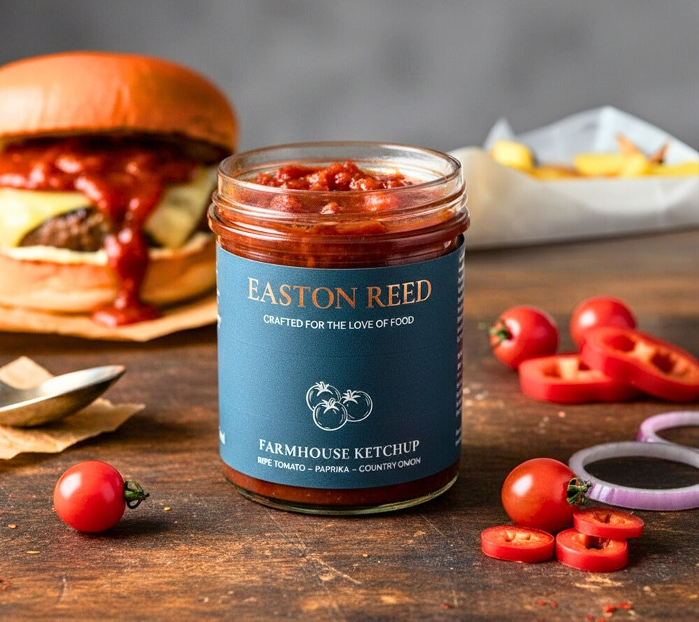 Entdecke den vollmundigen Barbecue Ketchup von Easton Reed: fruchtige Tomaten, sanfte Rauchigkeit und harmonische Gewürze – mild, aromatisch und perfekt für Burger, Grill & Pommes.