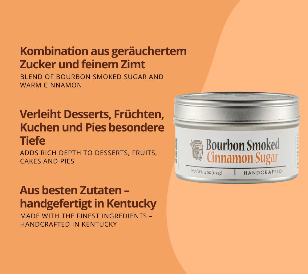 Bourbon Smoked Cinnamon Sugar von Bourbon Barrel Foods – geräucherter Zucker mit Zimt aus Kentucky. Handwerklich hergestellt, perfekt für Desserts, Kaffee & Cocktails. Süße mit Charakter!