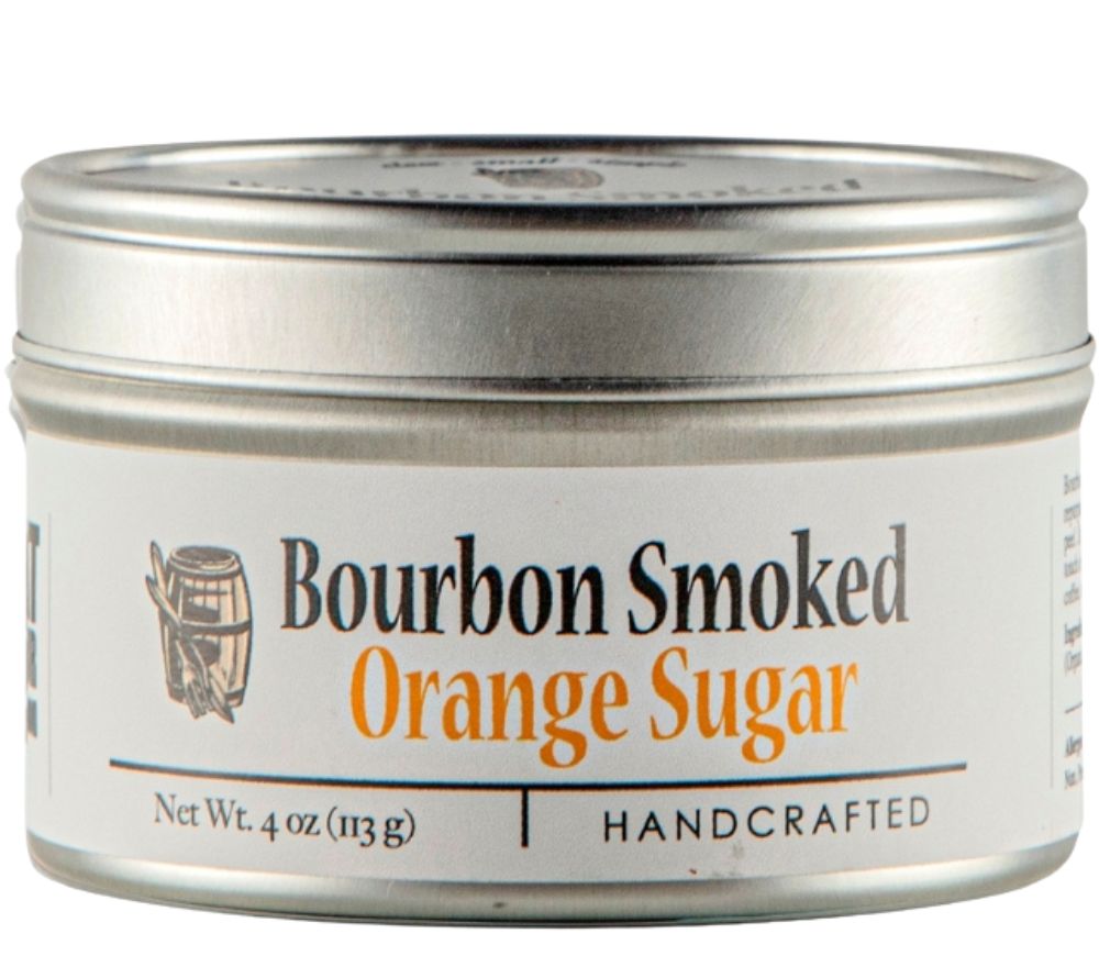 Bourbon Smoked Orange Sugar von Bourbon Barrel Foods – handgeräucherter Zucker mit Orangenschale und Eichenholzaroma aus Kentucky. Ideal für Desserts, Kaffee & Cocktails – Süße mit Charakter!