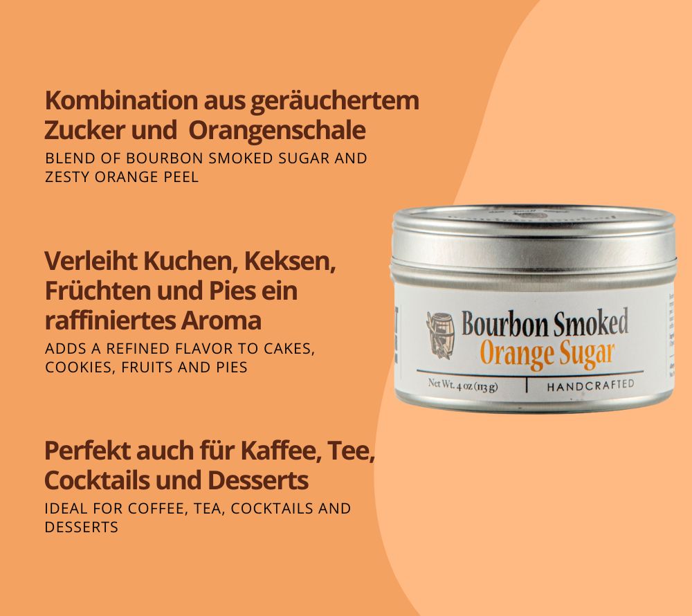 Bourbon Smoked Orange Sugar von Bourbon Barrel Foods – handgeräucherter Zucker mit Orangenschale und Eichenholzaroma aus Kentucky. Ideal für Desserts, Kaffee & Cocktails – Süße mit Charakter!
