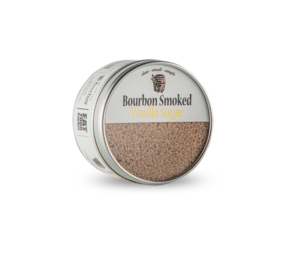 Bourbon Smoked Vanilla Sugar von Bourbon Barrel Foods – geräucherter Zucker mit echter Bourbon-Madagascar-Vanille. Perfekt für Kaffee, Desserts & Cocktails – edle Süße mit Charakter!