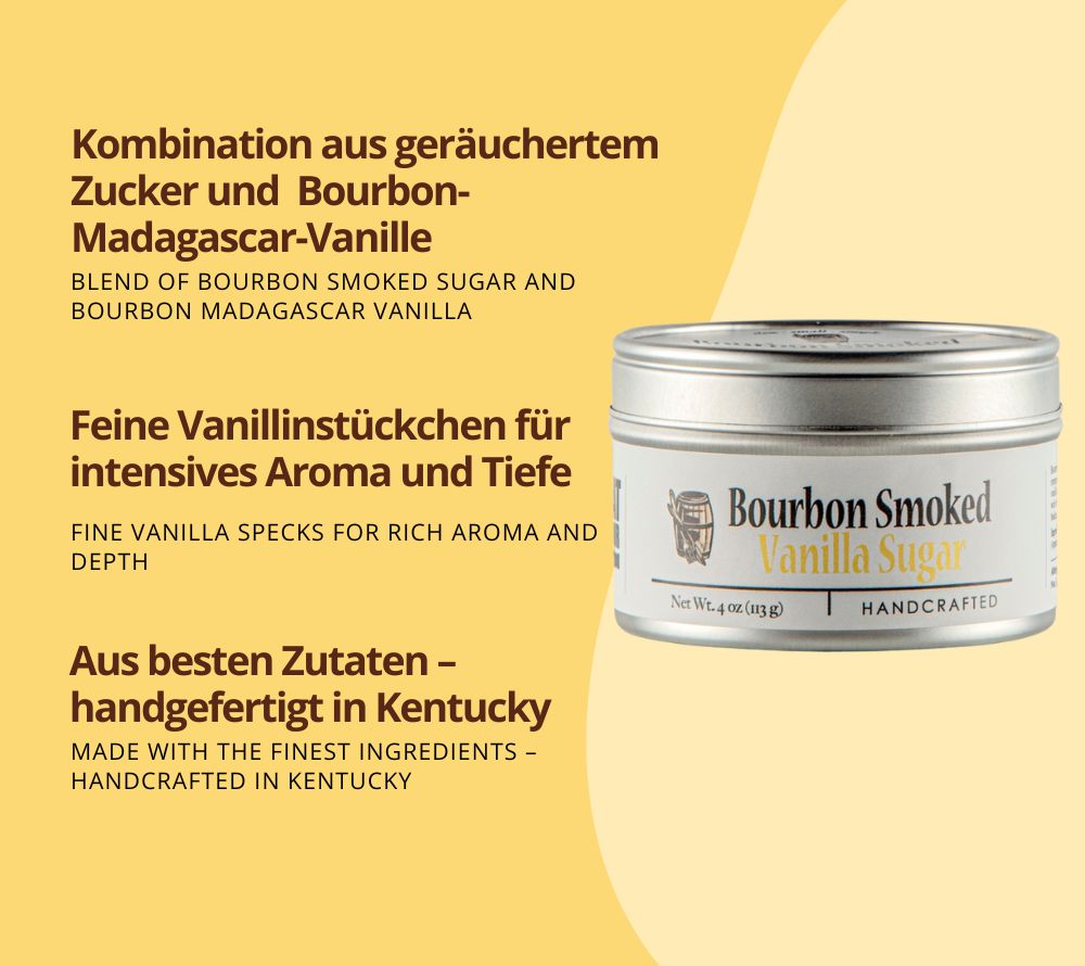 Bourbon Smoked Vanilla Sugar von Bourbon Barrel Foods – geräucherter Zucker mit echter Bourbon-Madagascar-Vanille. Perfekt für Kaffee, Desserts & Cocktails – edle Süße mit Charakter!