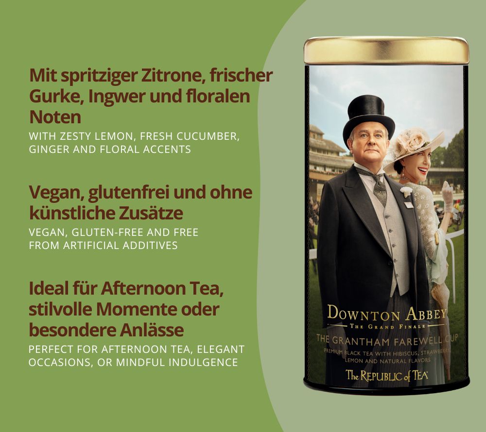Downton Abbey Grantham Farewell Cup Black Tea – Premium-Schwarztee mit Zitrus, Gurke & Ingwer. Vegan, glutenfrei, edler Genuss für Tee-Liebhaber und besondere Momente.