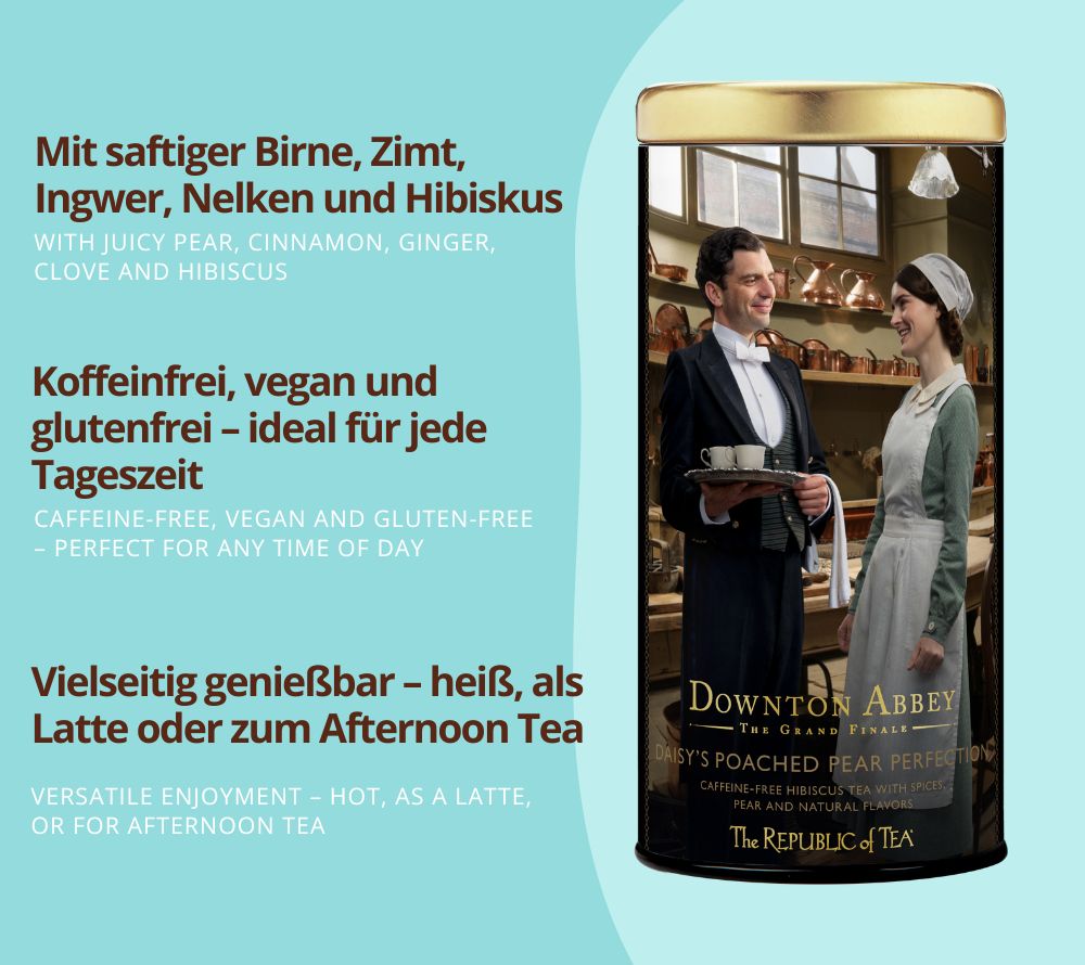 Daisy's Poached Pear Perfection Herbal Tea – fruchtiger, koffeinfreier Kräutertee mit Birne, Zimt & Ingwer. Vegan, glutenfrei, natürliche Zutaten für bewussten Genuss.