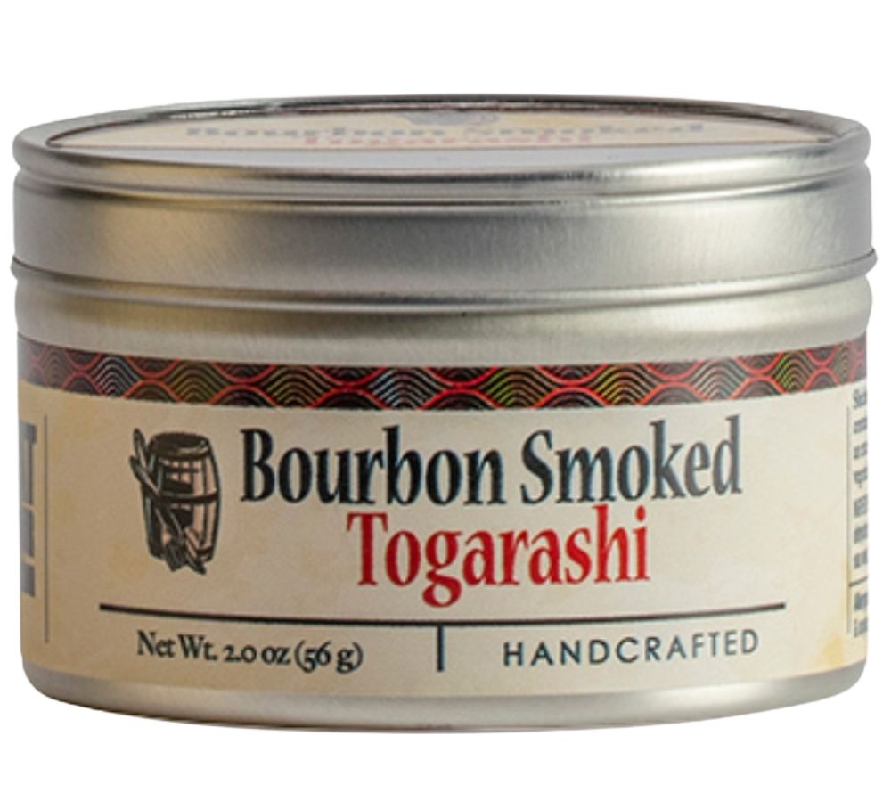 Bourbon Smoked Togarashi von Bourbon Barrel Foods – japanische Gewürzmischung mit rauchigem Bourbon-Aroma & Yuzu-Zitrus. Jetzt online kaufen bei Madevegan!