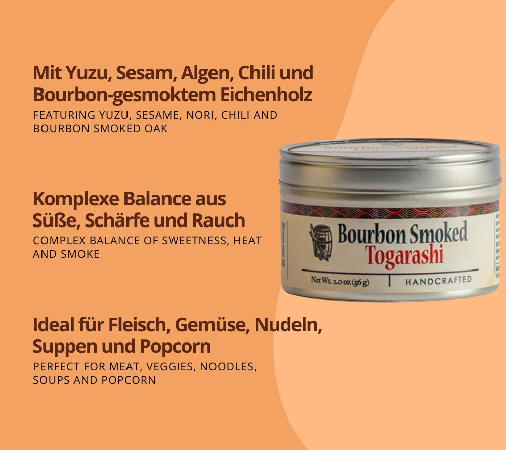 Bourbon Smoked Togarashi von Bourbon Barrel Foods – japanische Gewürzmischung mit rauchigem Bourbon-Aroma & Yuzu-Zitrus. Jetzt online kaufen bei Madevegan!