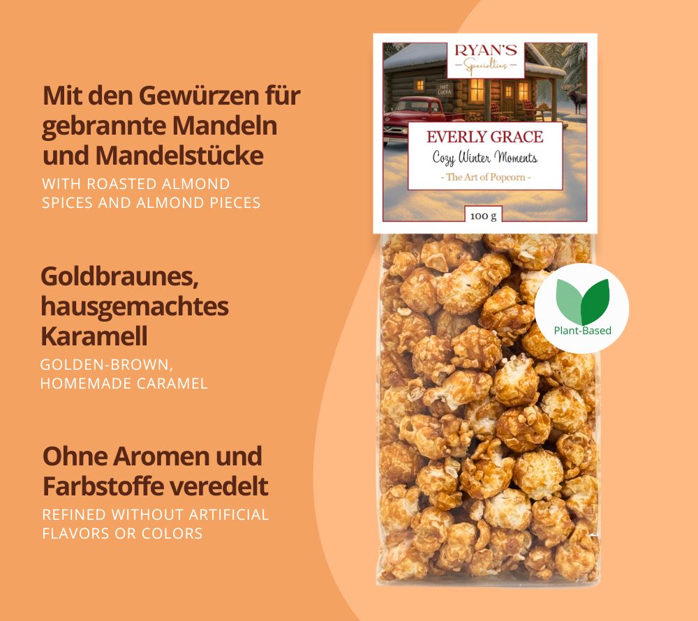 Everly Grace Cozy Winter Moments Popcorn – handgefertigt, karamellig & mit Mandelaroma. Jetzt online kaufen bei Madevegan für süßen Wintergenuss.